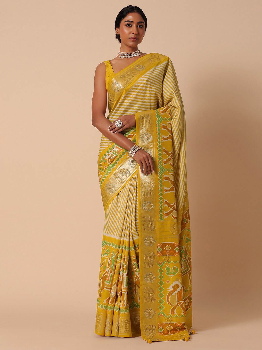 

KALKI Fashion Striped Beads & Stones Detailed Patola Saree, Yellow