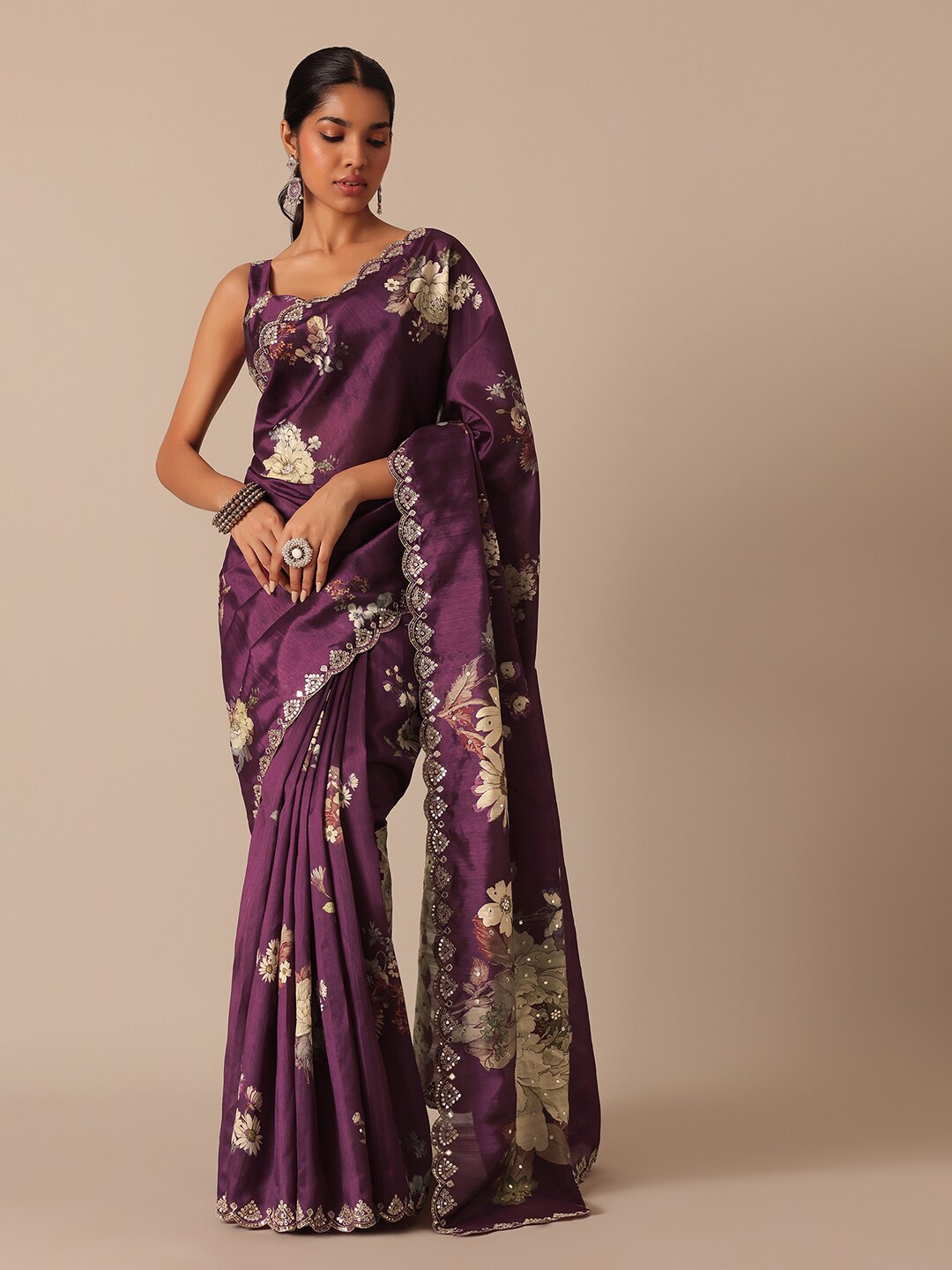 

KALKI Fashion Floral Printed Mirror Work Detailed Tussar Saree, Purple