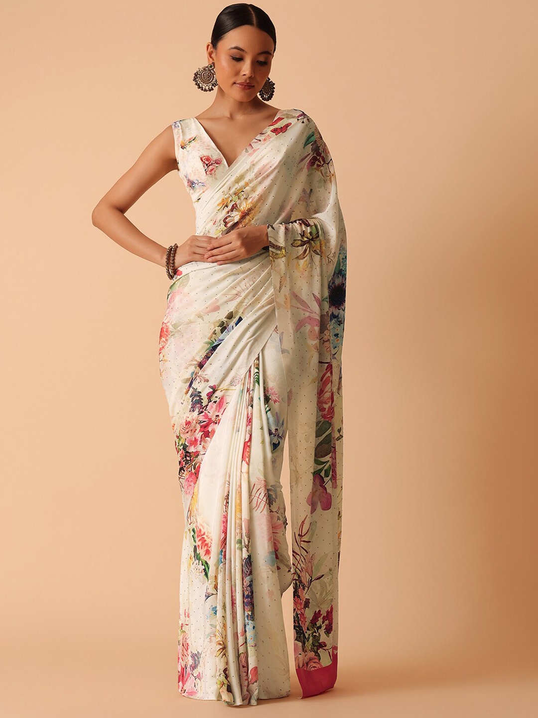 

KALKI Fashion Floral Printed Beads & Stones Detailed Satin Saree, White