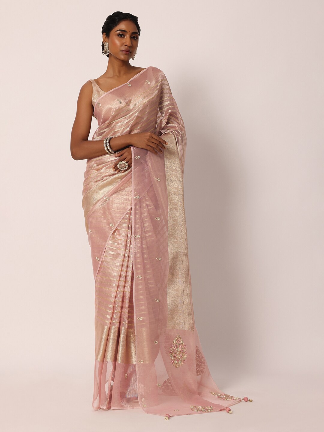 

KALKI Fashion Striped Beads & Stones Detailed Saree, Pink