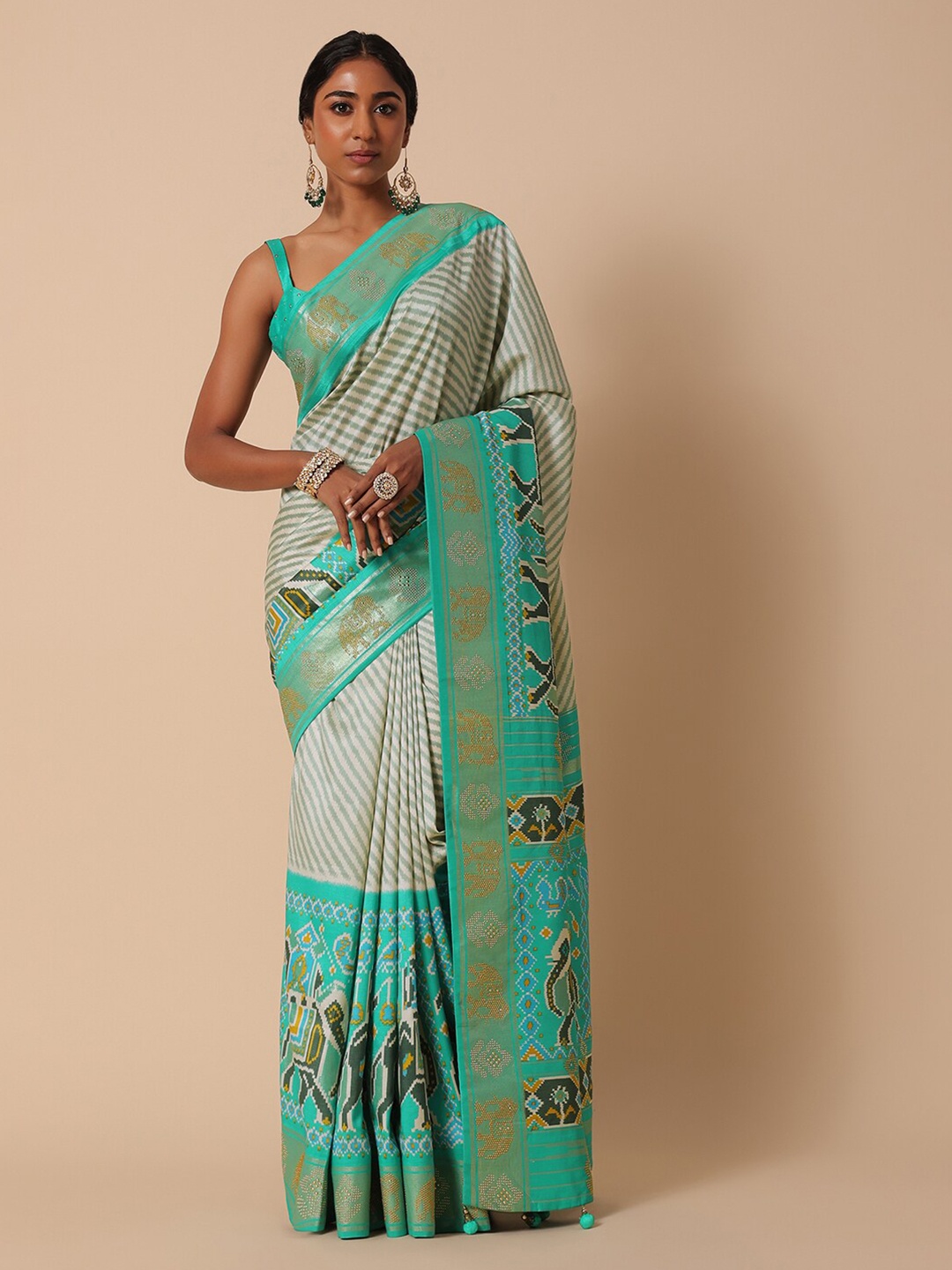 

KALKI Fashion Striped Beads & Stones Detailed Patola Saree, Green