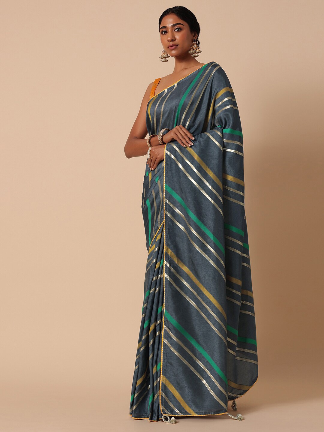 

KALKI Fashion Striped Gotta Patti Detailed Saree, Grey