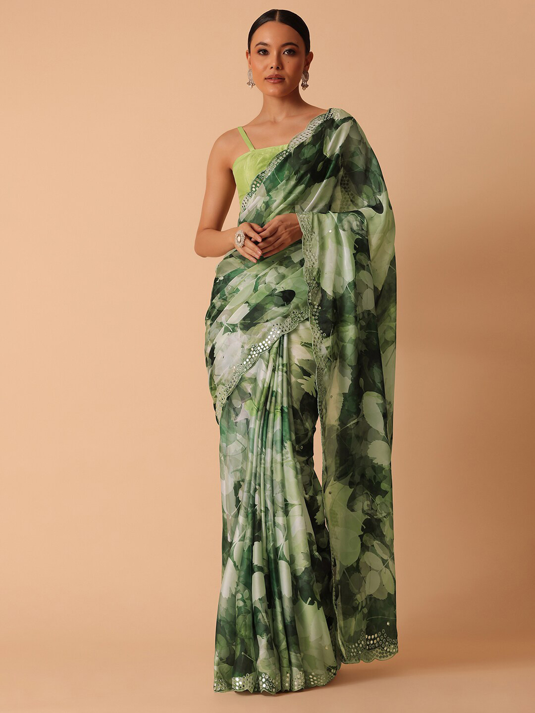 

KALKI Fashion Abstract Printed Embroidered Detailed Satin Saree, Green