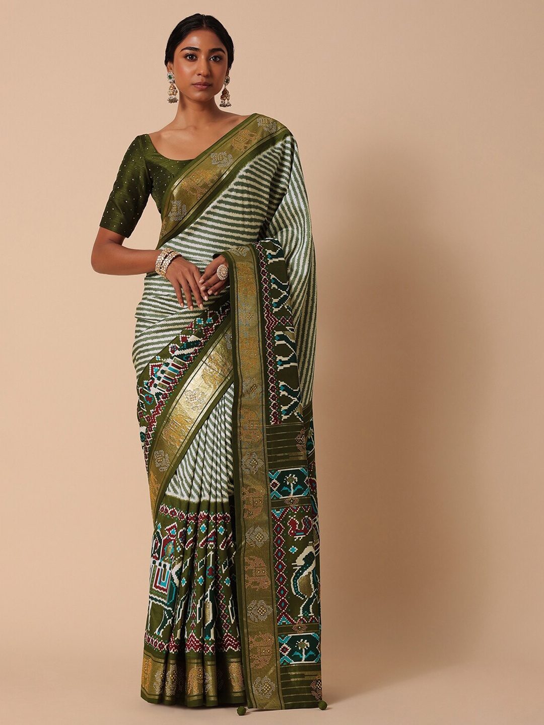 

KALKI Fashion Striped Beads & Stones Detailed Patola Saree, Green