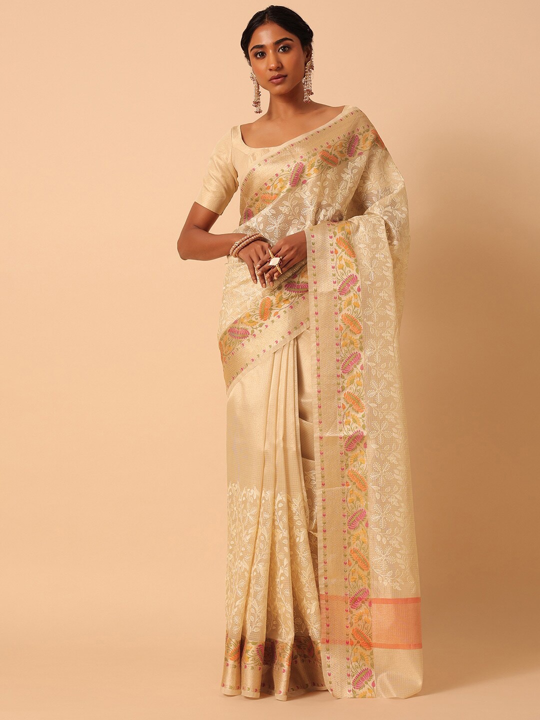 

KALKI Fashion Ethnic Motifs Woven Design Zari Detailed Saree, Beige