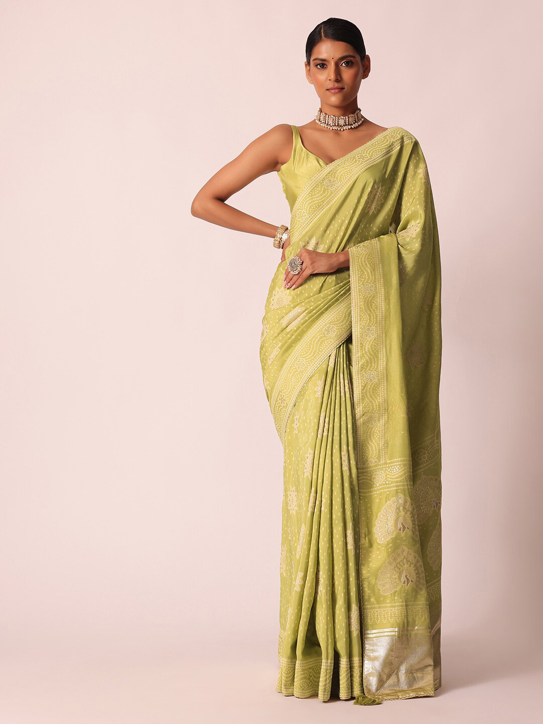 

KALKI Fashion Bandhani Printed Gotta Patti Detailed Saree, Green