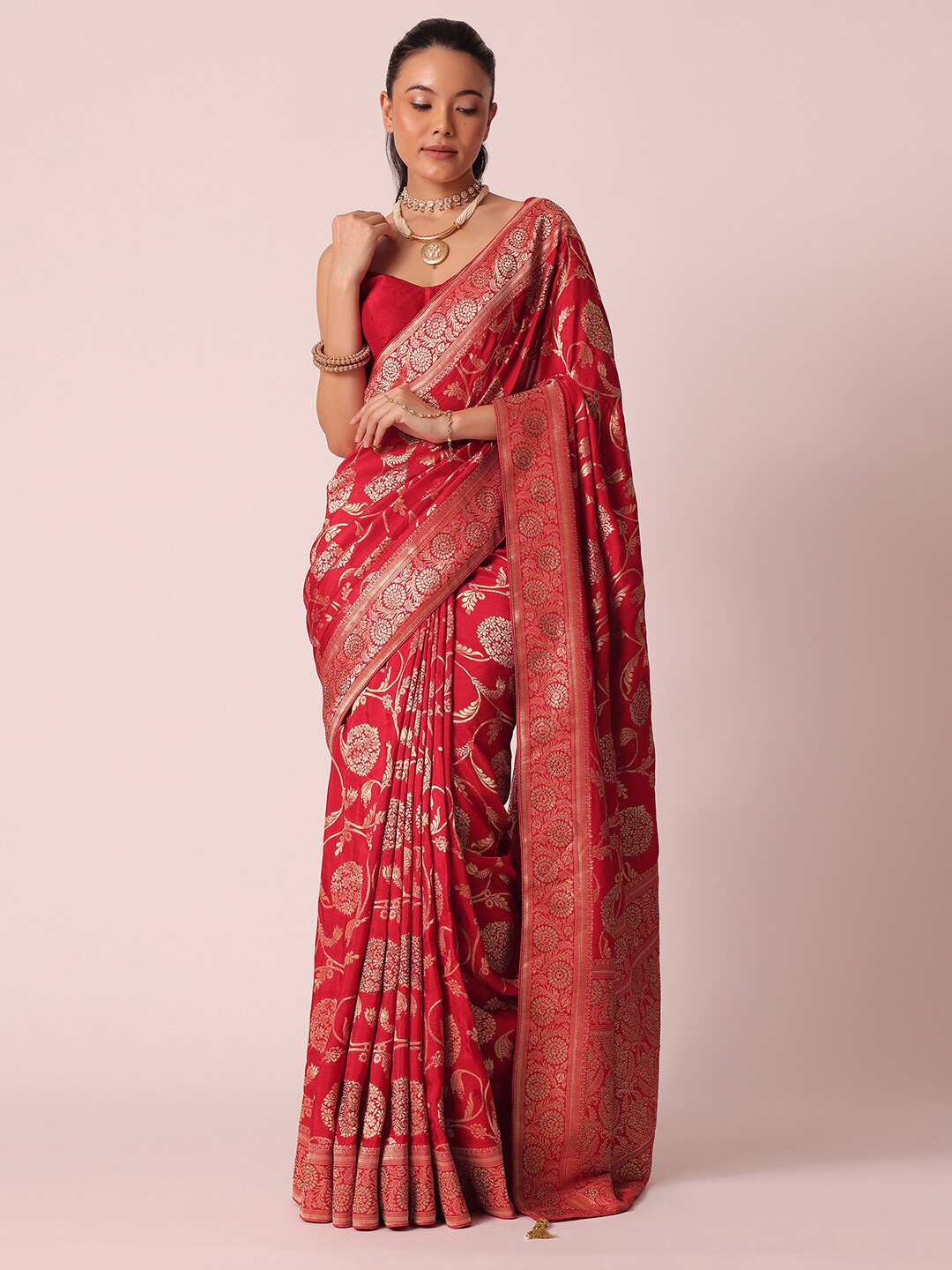 

KALKI Fashion Floral Woven Design Zari Detailed Banarasi Saree, Red