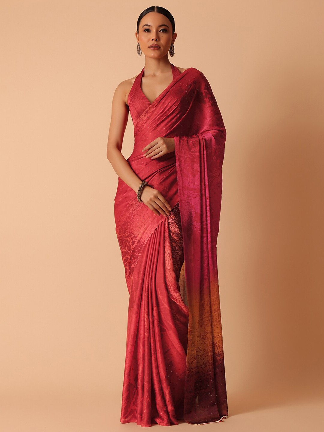 

KALKI Fashion Abstract Printed Beads & Stones Detailed Satin Saree, Red