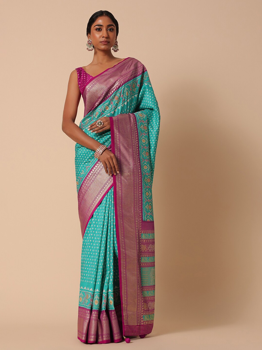 

KALKI Fashion Ethnic Motifs Foil Printed Zari Detailed Patola Saree, Blue