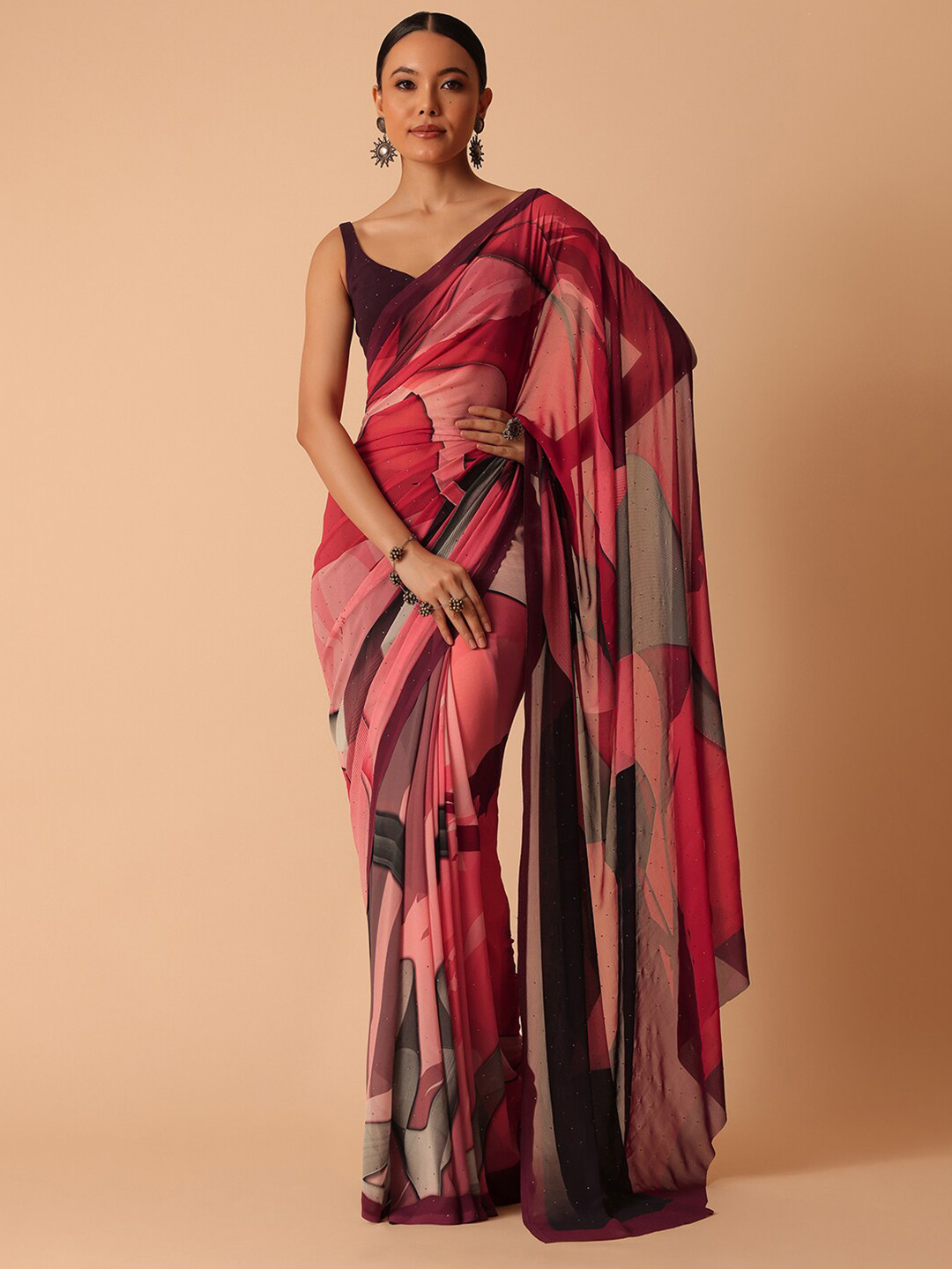 

KALKI Fashion Abstract Printed Beads & Stones Detailed Satin Saree, Pink