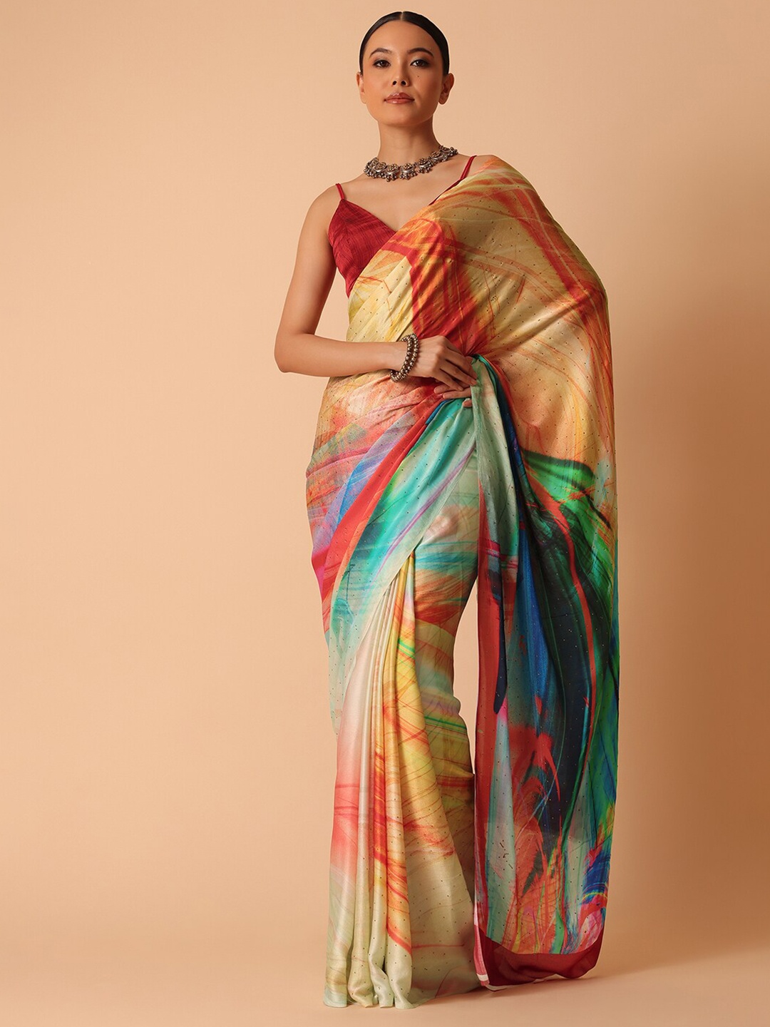 

KALKI Fashion Abstract Printed Beads & Stones Detailed Satin Saree, Blue