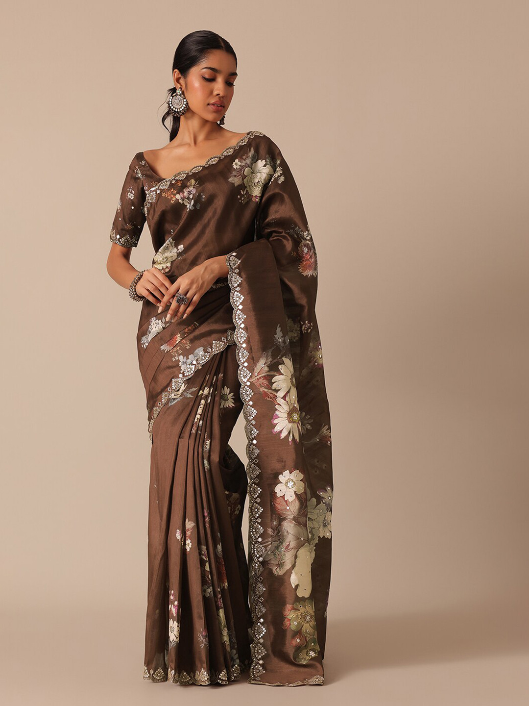 

KALKI Fashion Floral Printed Mirror Work Detailed Tussar Saree, Brown