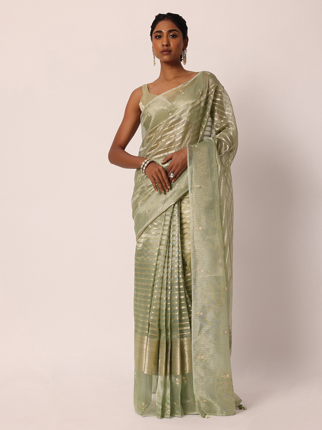 

KALKI Fashion Striped Beads & Stones Detailed Saree, Green