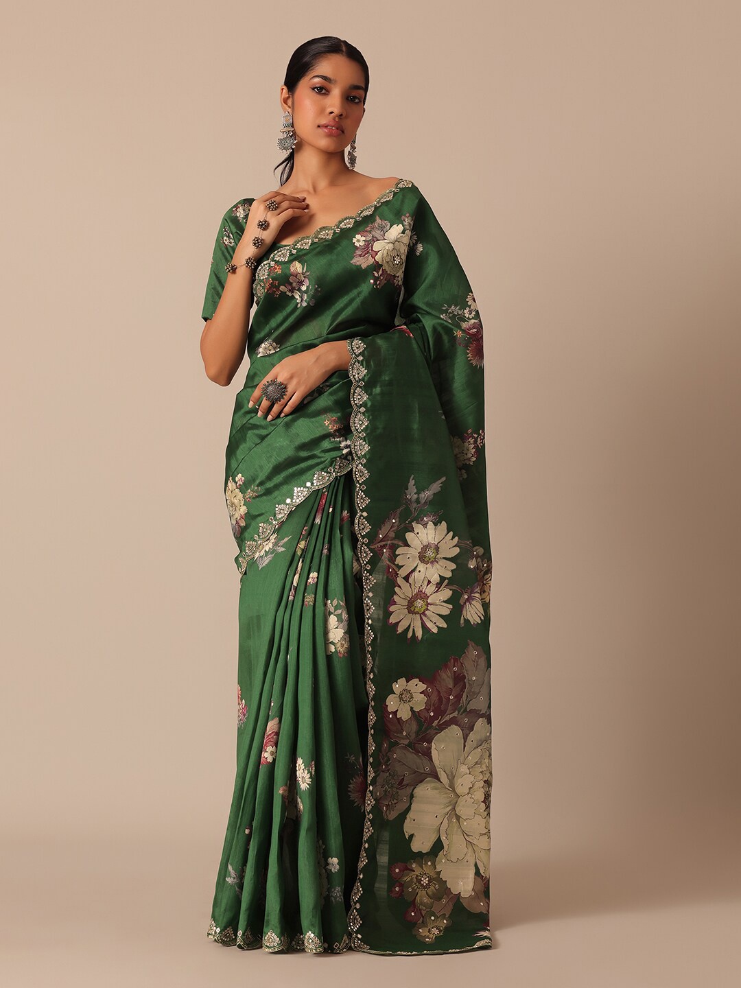 

KALKI Fashion Floral Printed Mirror Work Detailed Tussar Saree, Green