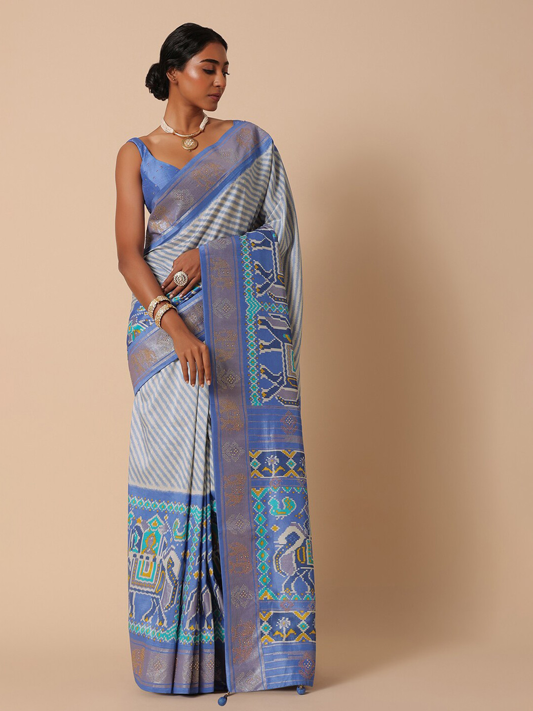 

KALKI Fashion Striped Beads & Stones Detailed Patola Saree, Blue
