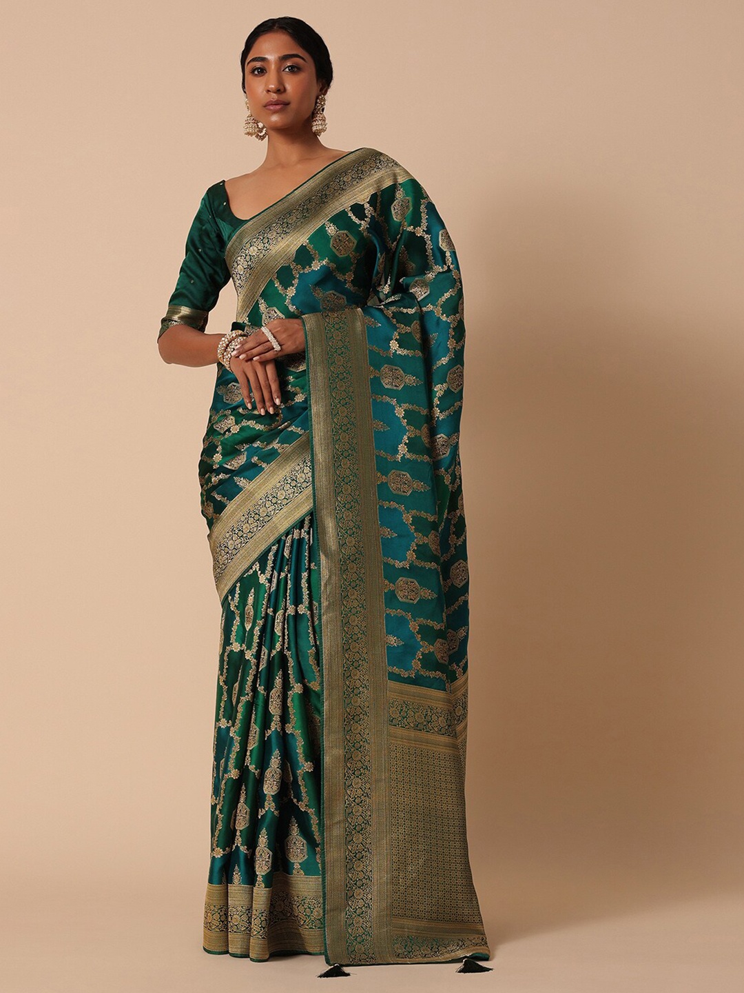 

KALKI Fashion Ethnic Motifs Woven Design Zari Detailed Banarasi Saree, Green