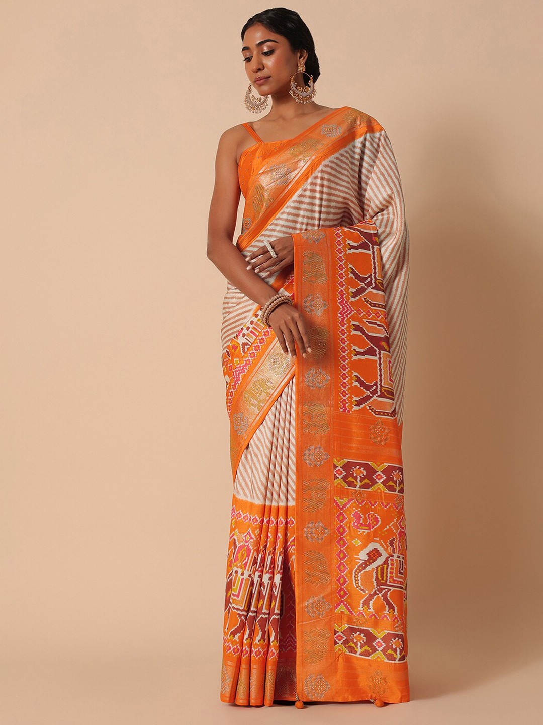 

KALKI Fashion Striped Beads & Stones Detailed Patola Saree, Orange