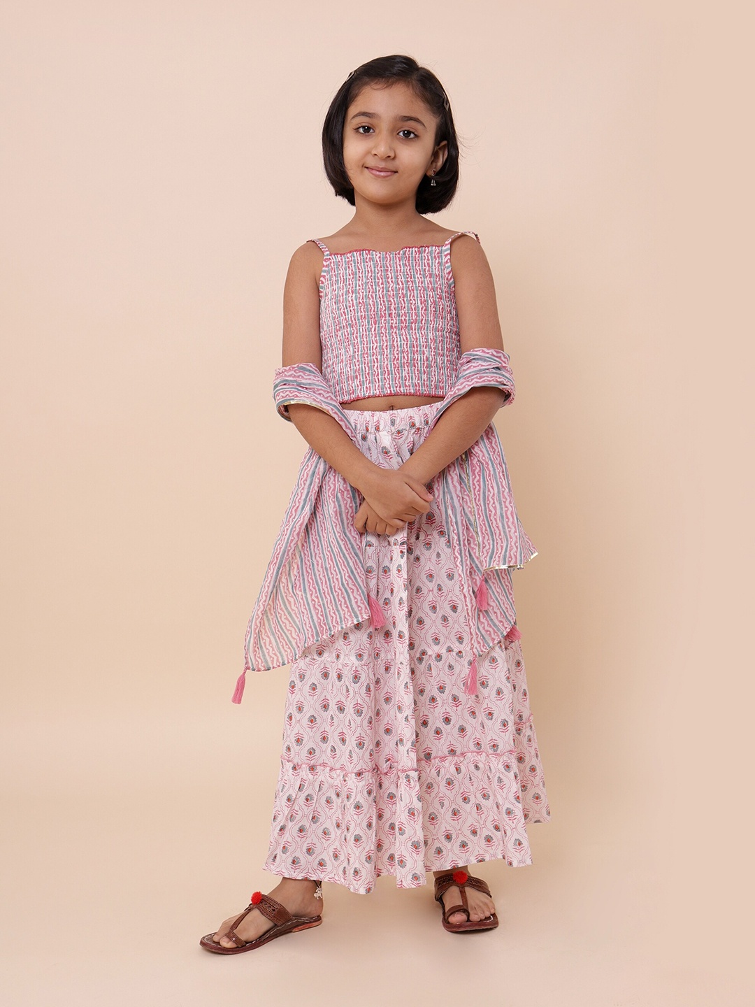 

Sangria Girls Floral Printed Pure Cotton Lehenga Choli With Dupatta, Pink