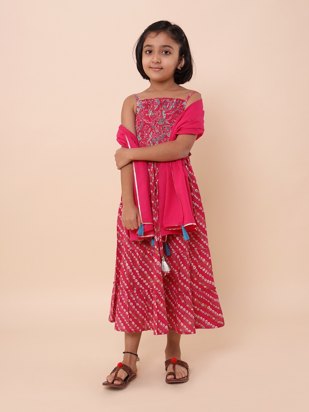 

Sangria Girls Printed Pure Cotton Ready To Wear Lehenga Choli With Dupatta, Pink