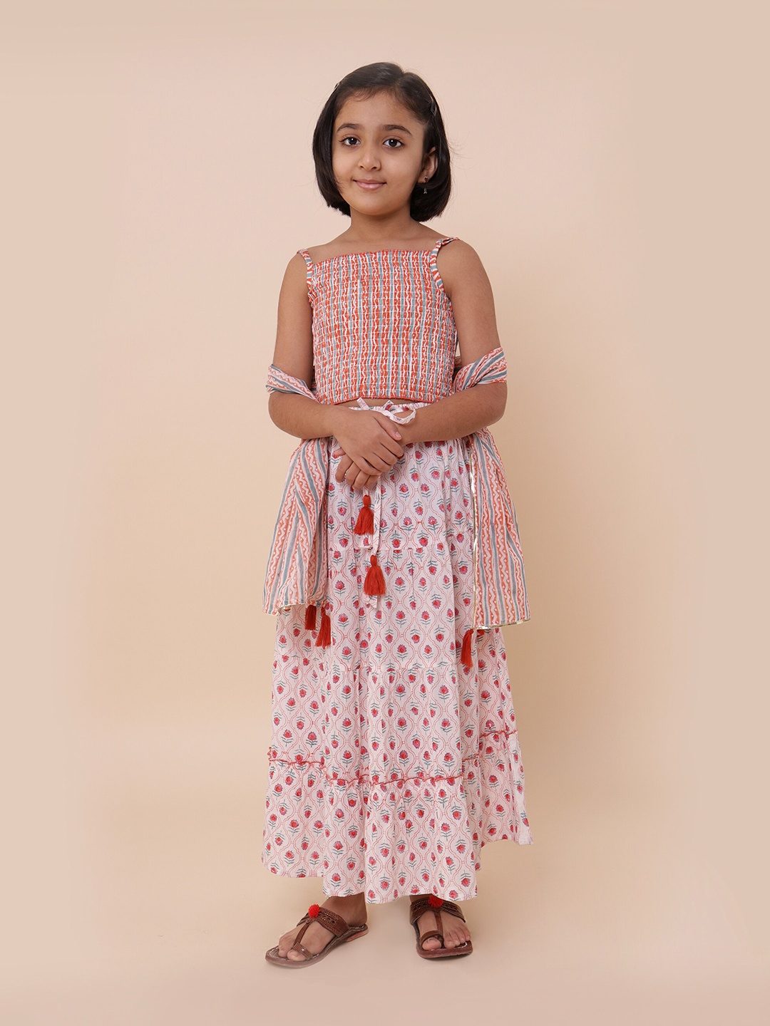 

Sangria Girls Printed Pure Cotton Lehenga Choli & Dupatta, Red
