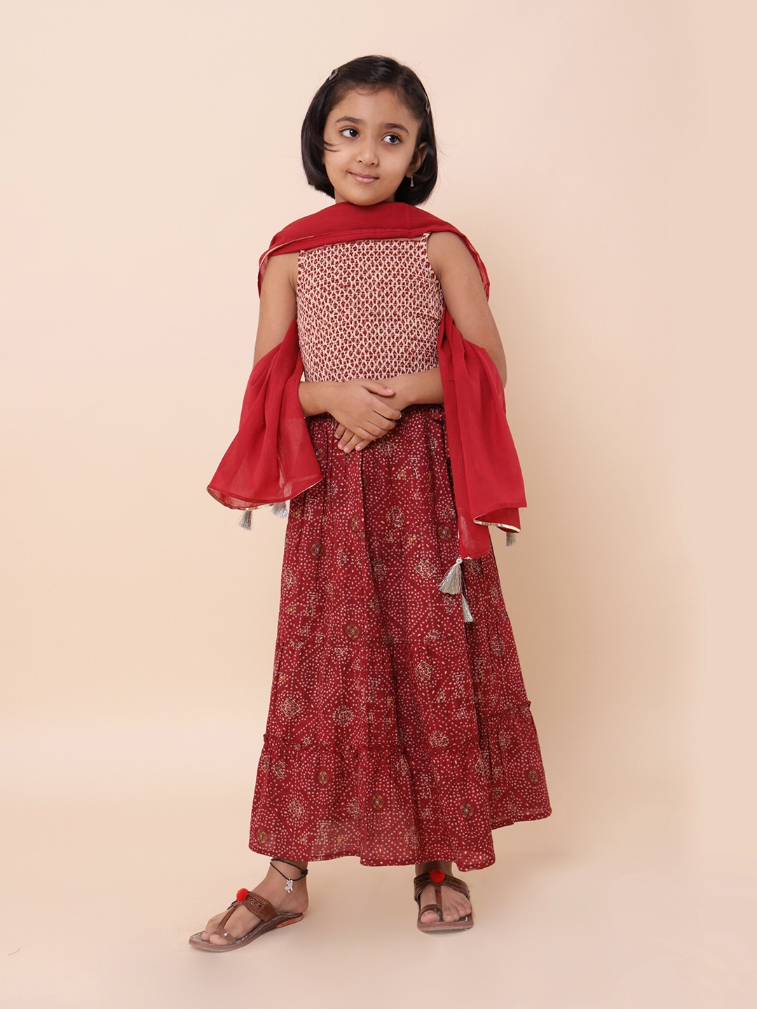 

Sangria Girls Printed Pure Cotton Lehenga Choli & Dupatta, Beige