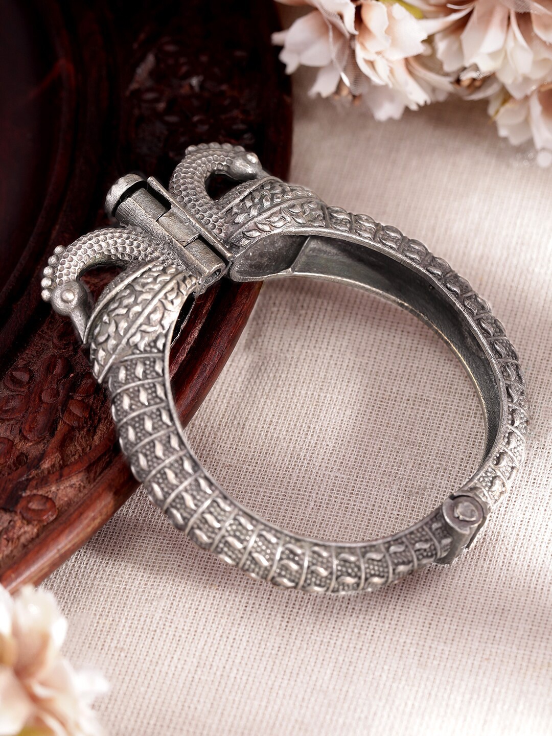 

Rubans Silver-Plated Oxidized Antique Design Peacock Motif Kada Bracelet