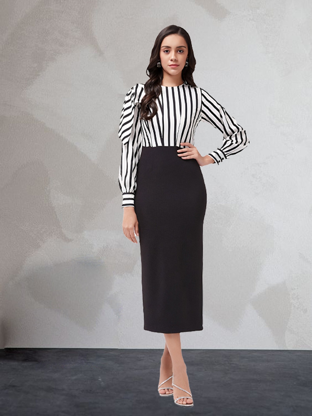 

N N ENTERPRISE Striped Sheath Midi Dress, Black
