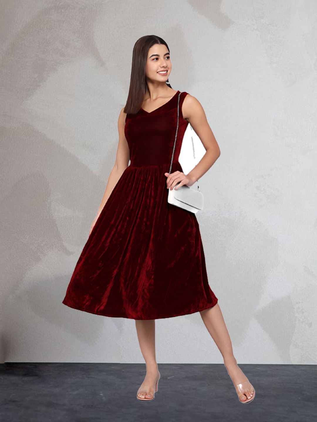 

N N ENTERPRISE V-Neck Fit & Flare Velvet Finish Midi Dress, Red