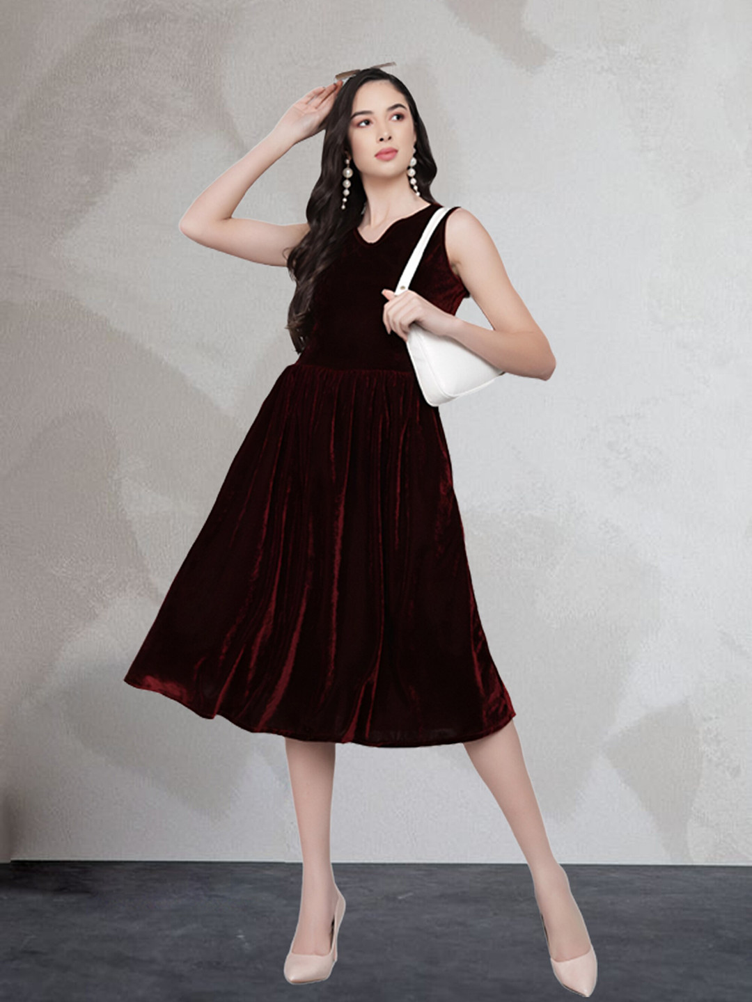 

N N ENTERPRISE V-Neck Fit & Flare Midi Dress, Maroon