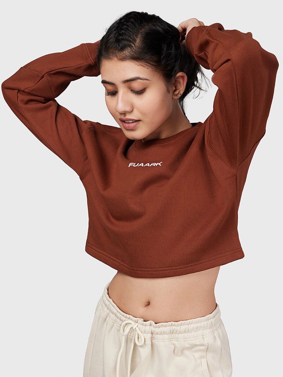 

FUAARK Round Neck 2-Way Stretch Antimicrobial Crop Oversized Pullover Sweatshirt, Brown