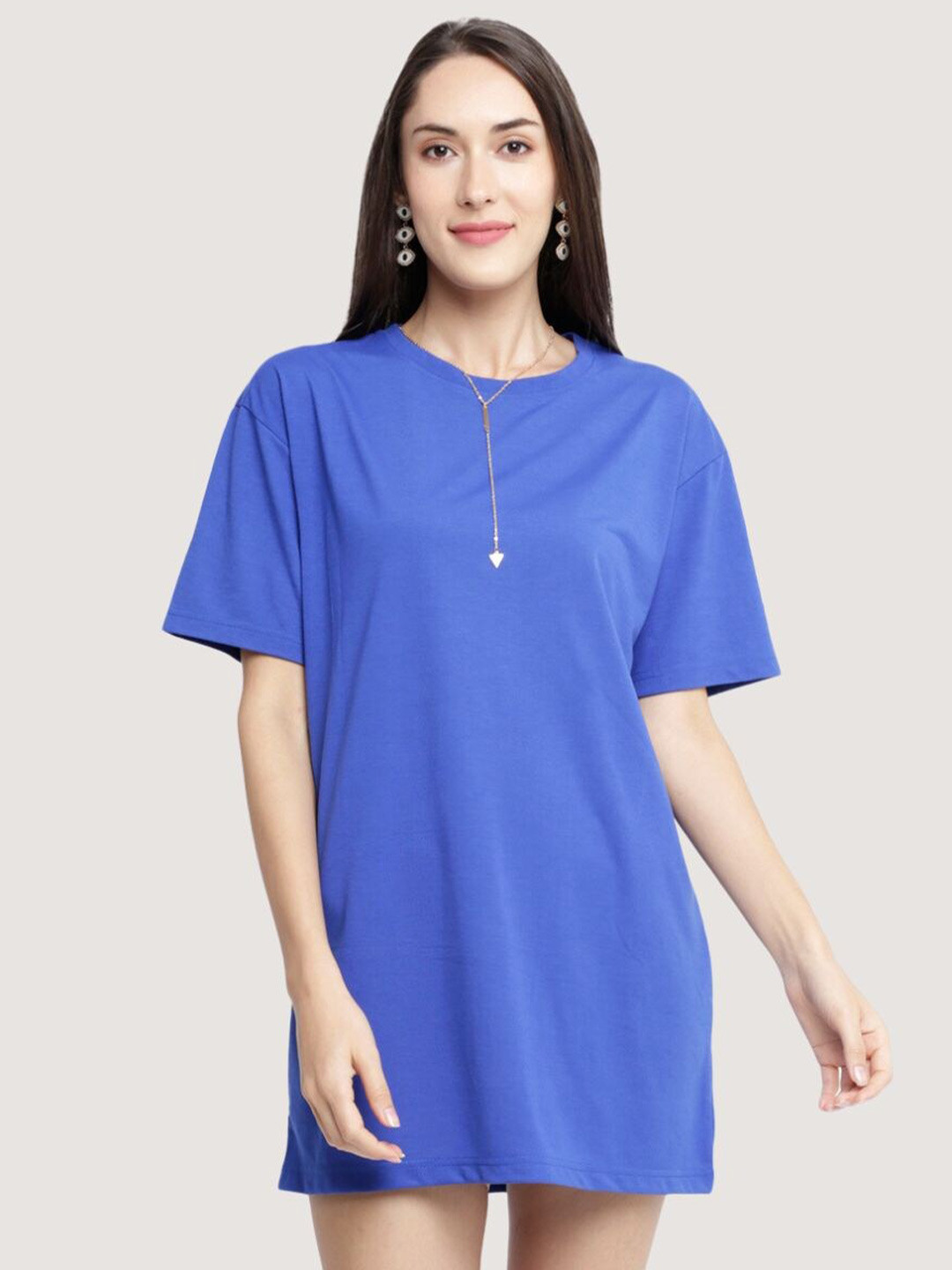 

BLANCD Round Neck Short Sleeves Pure Cotton Longline Oversized T-shirt, Blue