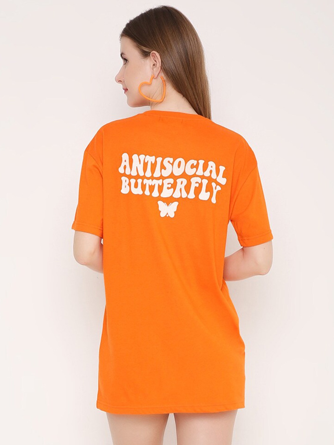

BLANCD Typography Printed Round Neck Short Sleeves Pure Cotton Longline Oversized T-shirt, Orange
