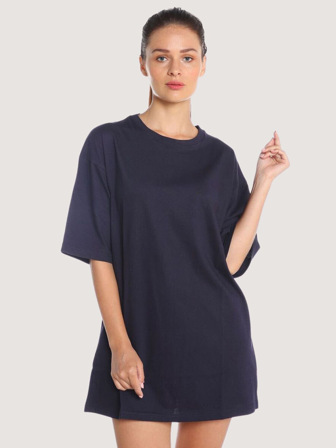 

BLANCD Round Neck Short Sleeves Pure Cotton Longline Oversized T-shirt, Navy blue