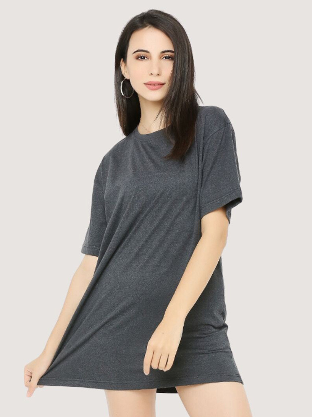 

BLANCD Round Neck Short Sleeves Pure Cotton Longline Oversized T-shirt, Charcoal