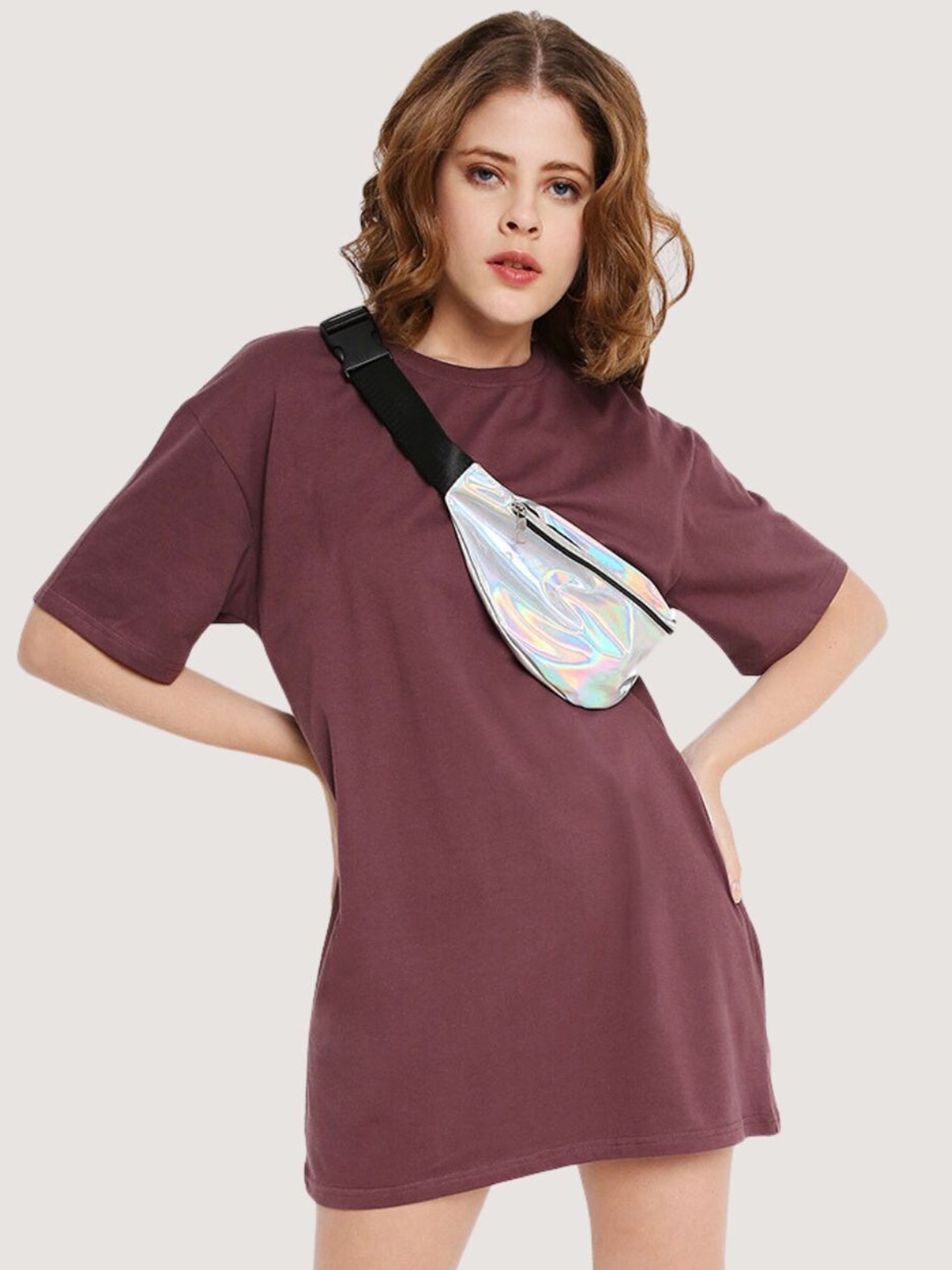 

BLANCD Round Neck Short Sleeves Pure Cotton Longline Oversized T-shirt, Coffee brown