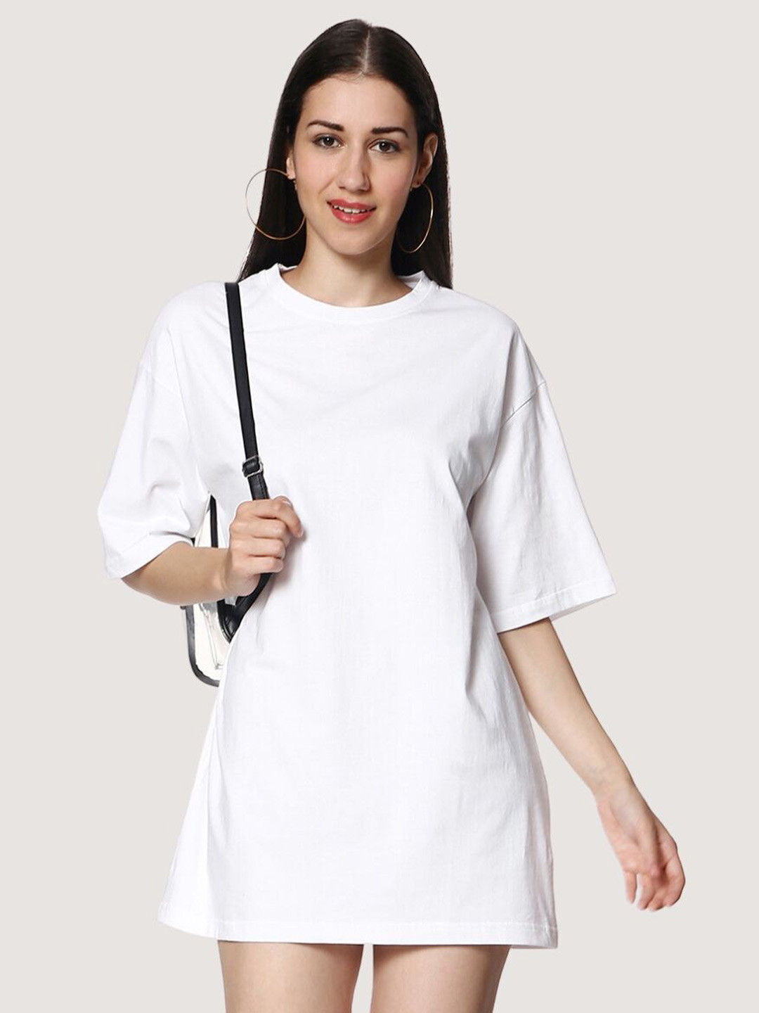

BLANCD Round Neck Short Sleeves Pure Cotton Longline Oversized T-shirt, White