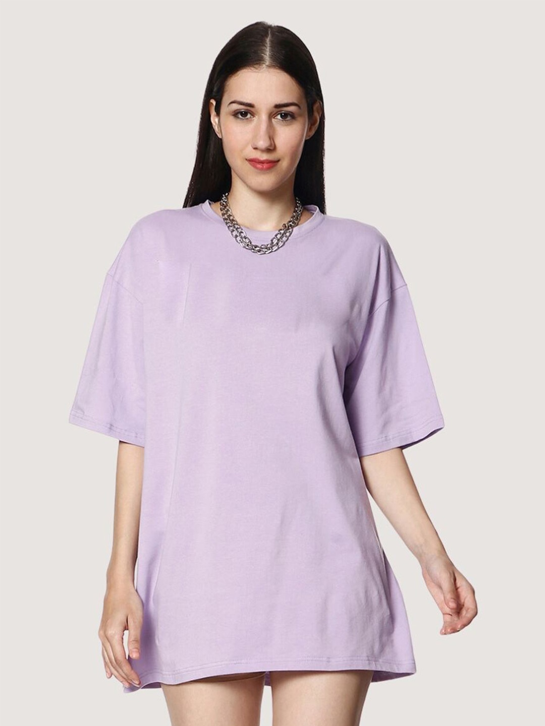 

BLANCD Round Neck Short Sleeves Pure Cotton Longline Oversized T-shirt, Lavender