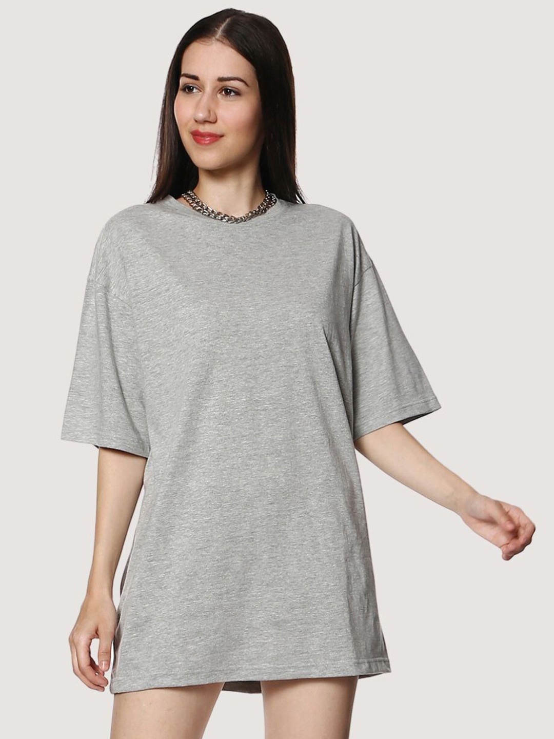 

BLANCD Round Neck Short Sleeves Pure Cotton Longline Oversized T-shirt, Grey melange