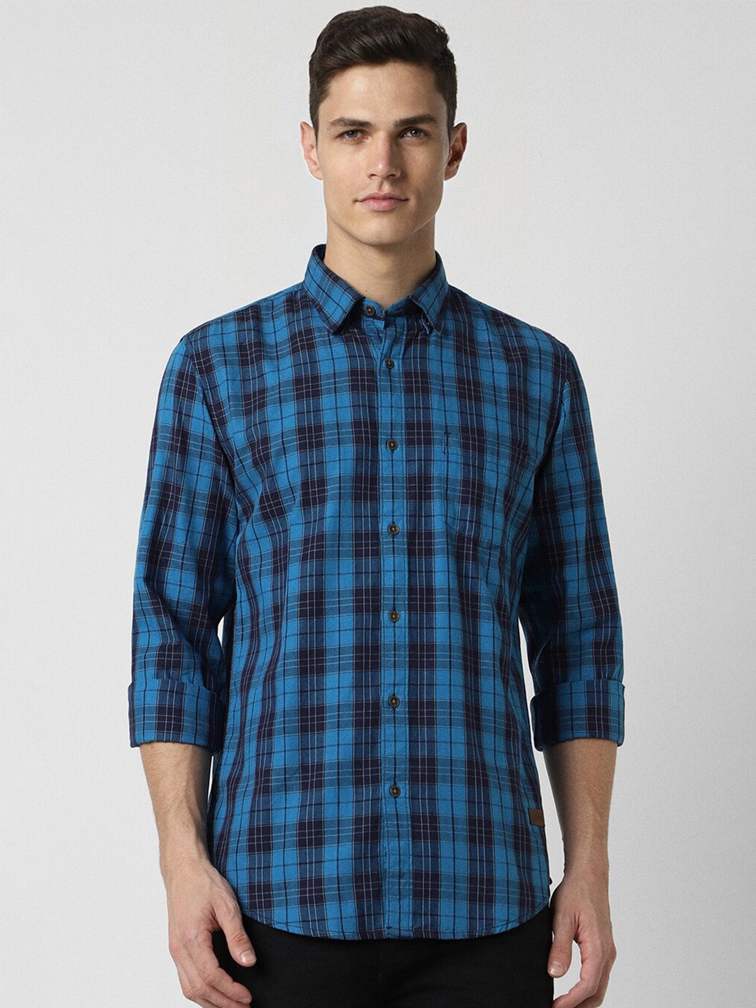 

Peter England Casuals Slim Fit Checked Pure Cotton Casual Shirt, Blue
