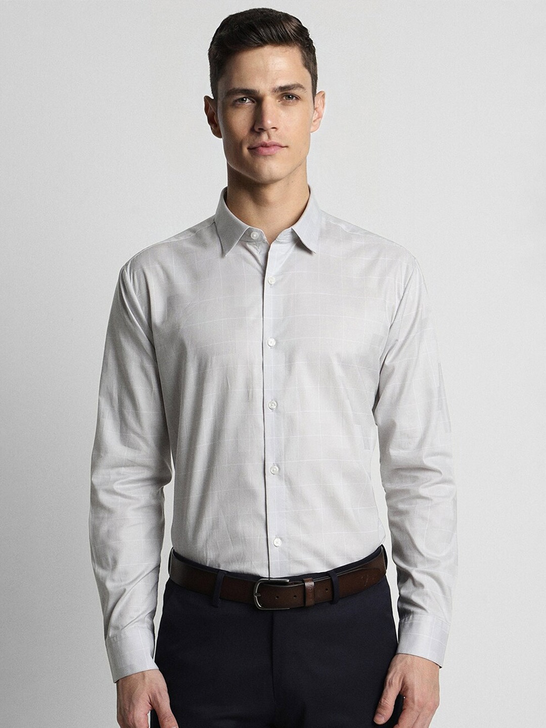 

Peter England Elite Slim Fit Checked Pure Cotton Formal Shirt, Grey