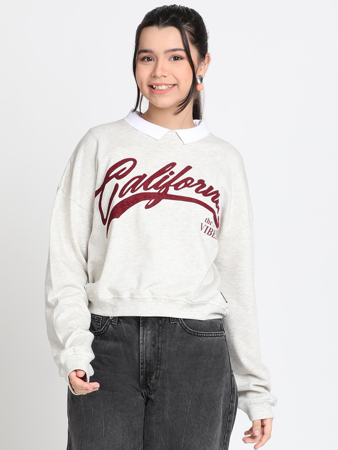 

Lil Tomatoes Girls Typography Printed Pullover, Grey