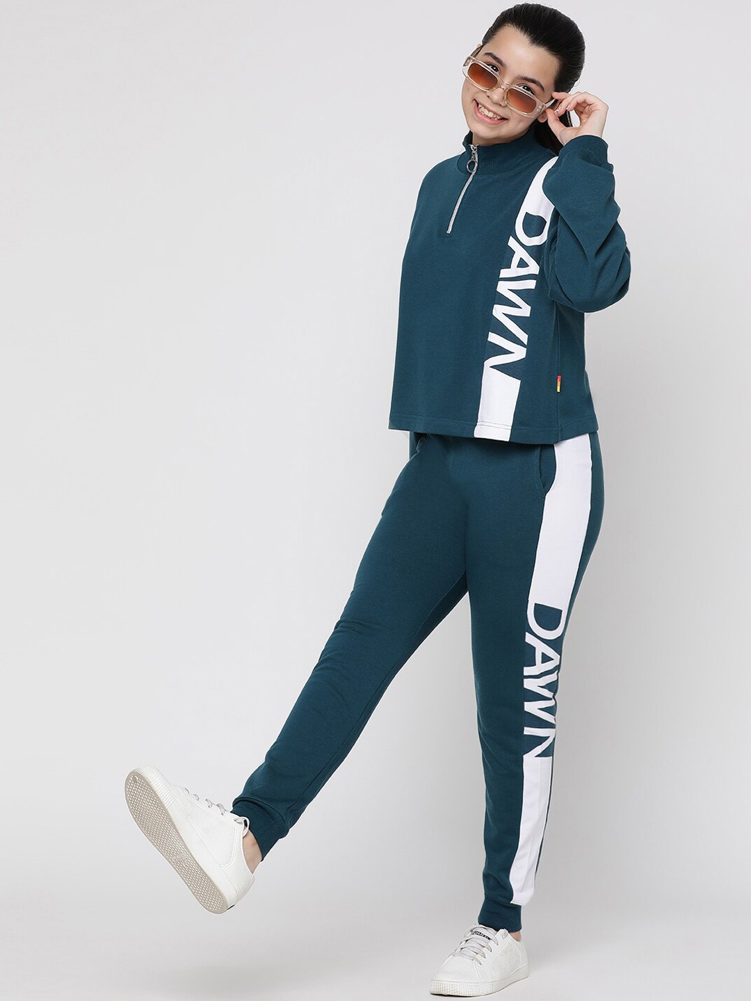 

Lil Tomatoes Girls Typography Printed High Neck Tracksuit, Teal