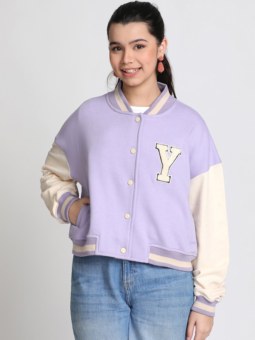 

Lil Tomatoes Girls Typography Printed Fleece Varsity Jacket, Purple