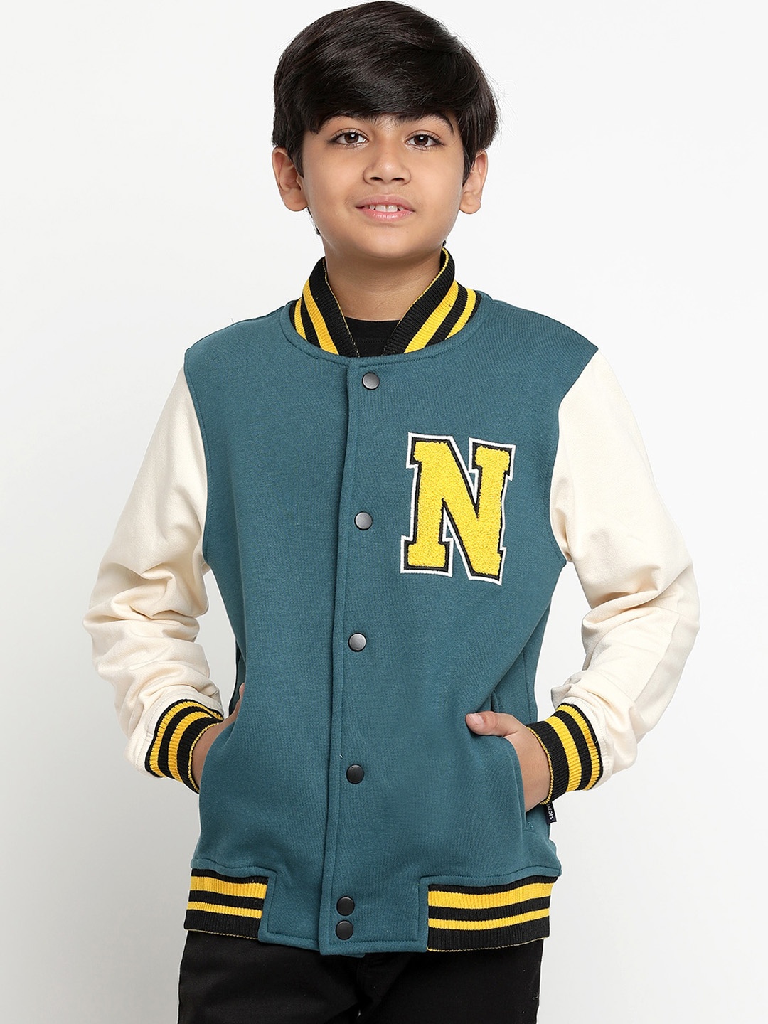 

Lil Tomatoes Boys Typography Printed Fleece Varsity Jacket, Teal