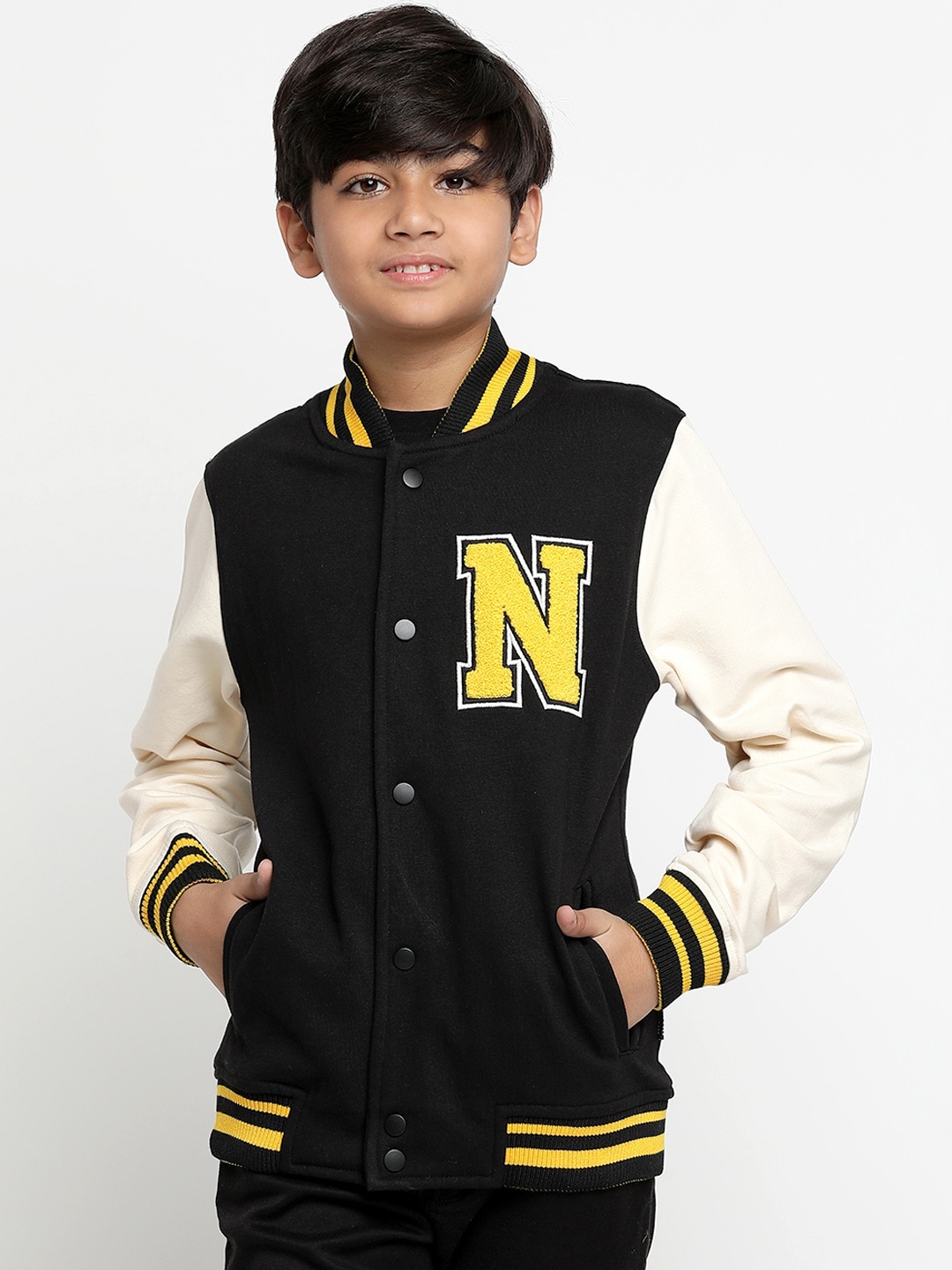 

Lil Tomatoes Boys Typography Printed Fleece Varsity Jacket, Black