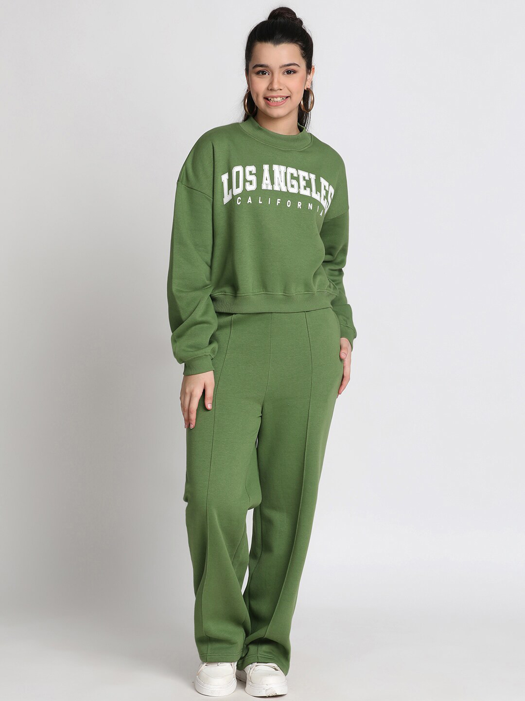 

Lil Tomatoes Girls Typography Printed Fleece Tracksuits, Olive