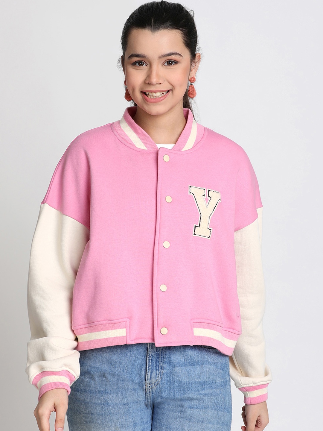 

Lil Tomatoes Girls Typography Printed Fleece Varsity Jacket, Pink