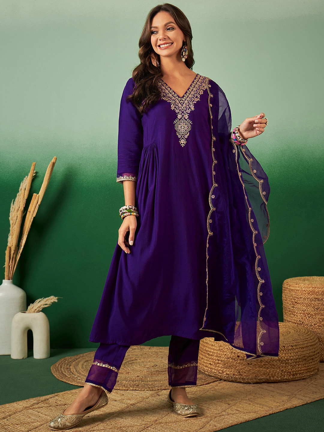 

Sangria Floral Yoke Design Sequined A-Line Kurta With Trouser & Dupatta, Purple