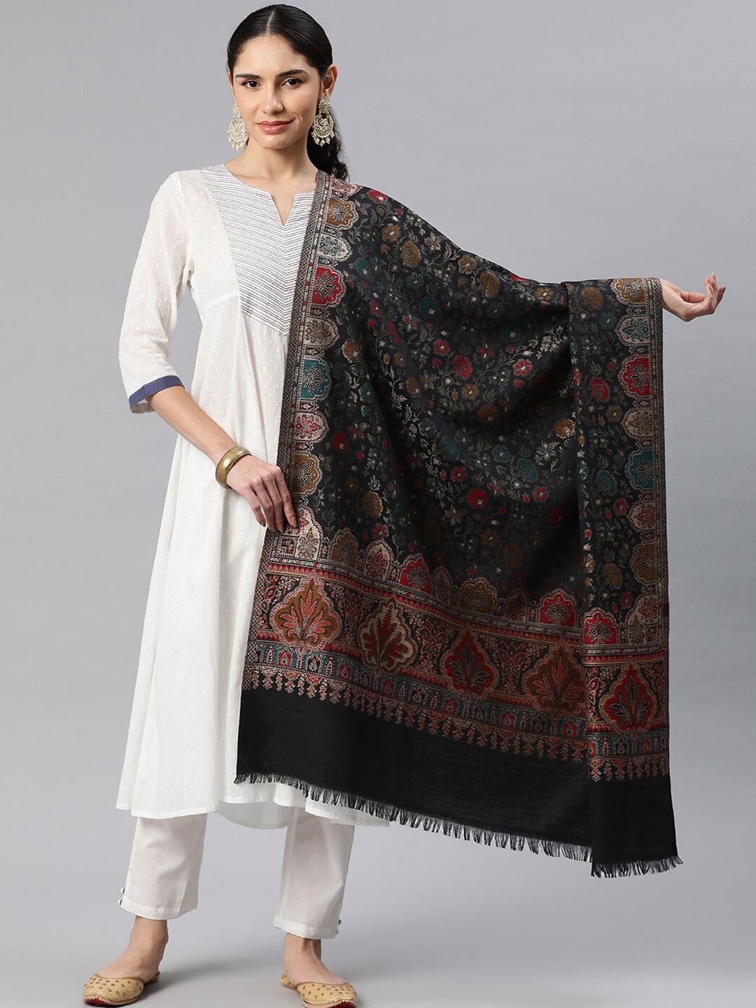 

Sangria Ethnic Motifs Woven Design Winter Pashmina Shawl, Black