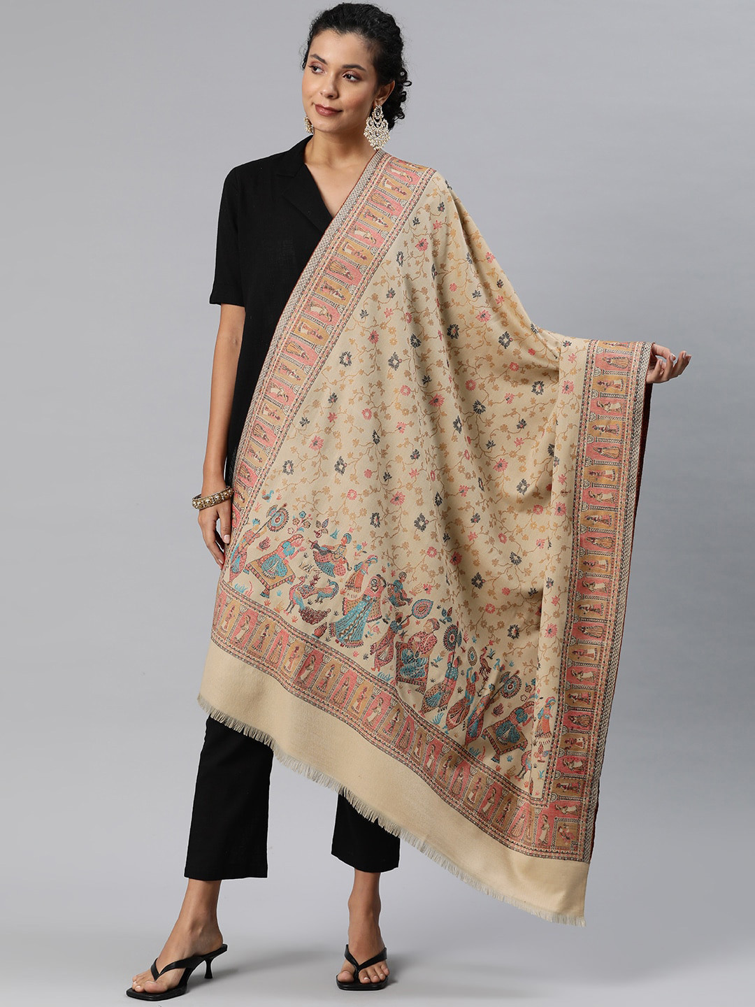 

Sangria Ethnic Motifs Woven Design Winter Pashmina Shawl, Beige